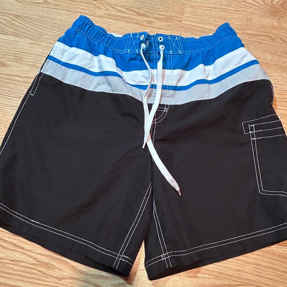 Faded Glory Mens Swim Trunks Black Blue White Board Shorts Size M 32-34